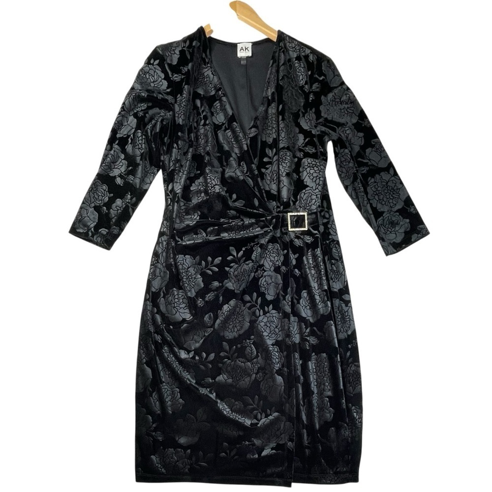 Anne Klein Dress M Black Embossed Stretch Velvet Faux Wrap Holiday Party Frock